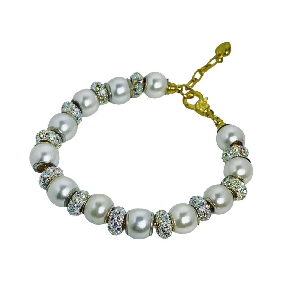 Gold Tone, Faux Pearl And Rhinestone Snake Chain Bracelet (5461)